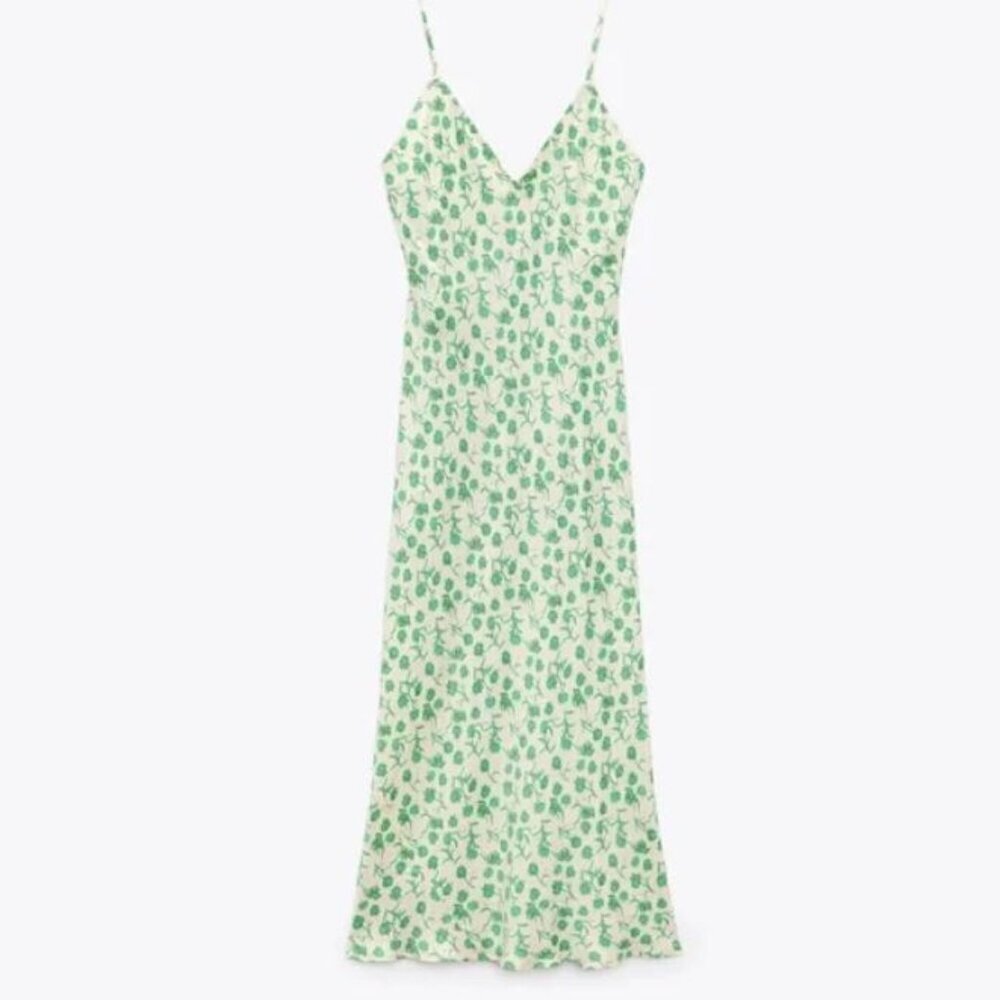ZARA GREEN & CREAM FLORAL DRESS SIZE XS 2183/068/712